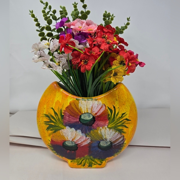 Italian Hand Made Flower Vase Bright Bold Hand Painted Flowers Yellow Orange - Picture 1 of 14